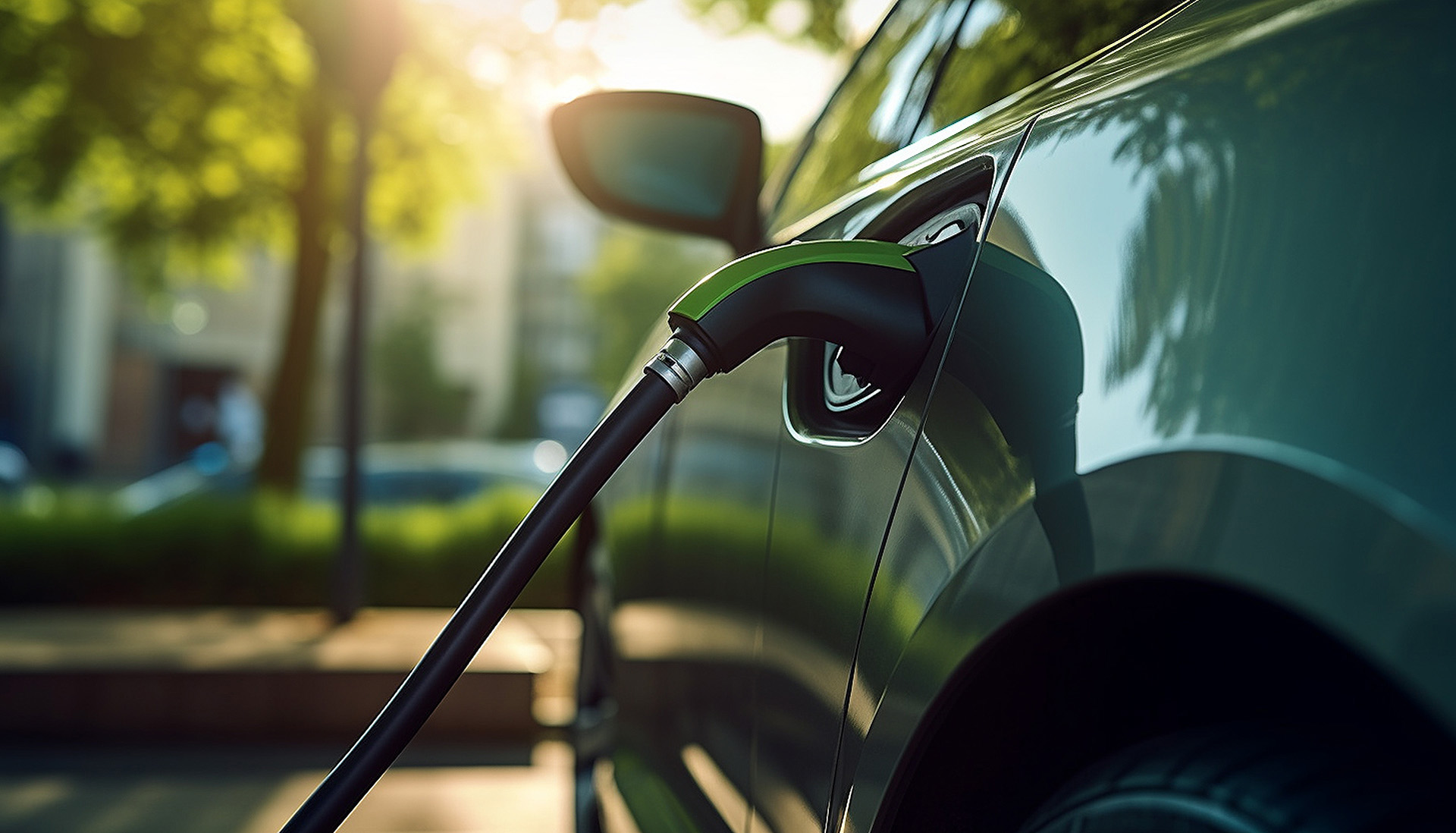 Power supply for electric car charging. Electric car charging station. Close up of the power supply plugged into an electric car being charged.